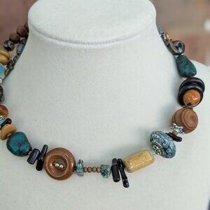 Boho Statement Choker Necklace, Adjustable Tribal Beaded Jewelry, Turquoise Wood